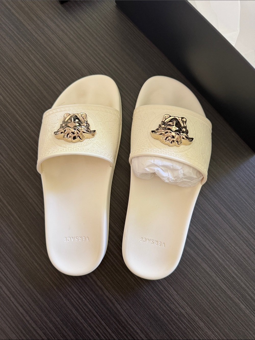 Versace white Slide Sandals with Gold Medusa Accent EU 40 wore once
